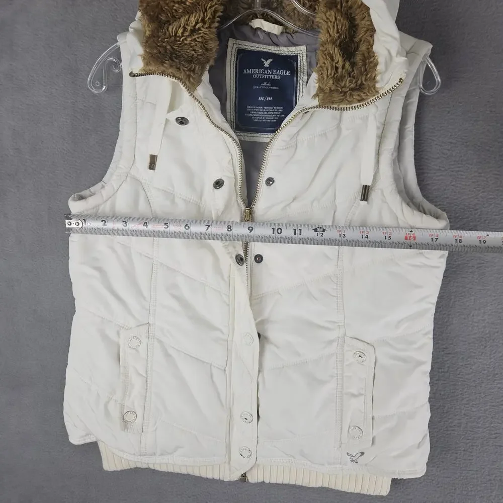 American Eagle Y2K Puffer Vest Faux Fur Hood Cream White Zip Snap Jacket Women M - Picture 5 of 9